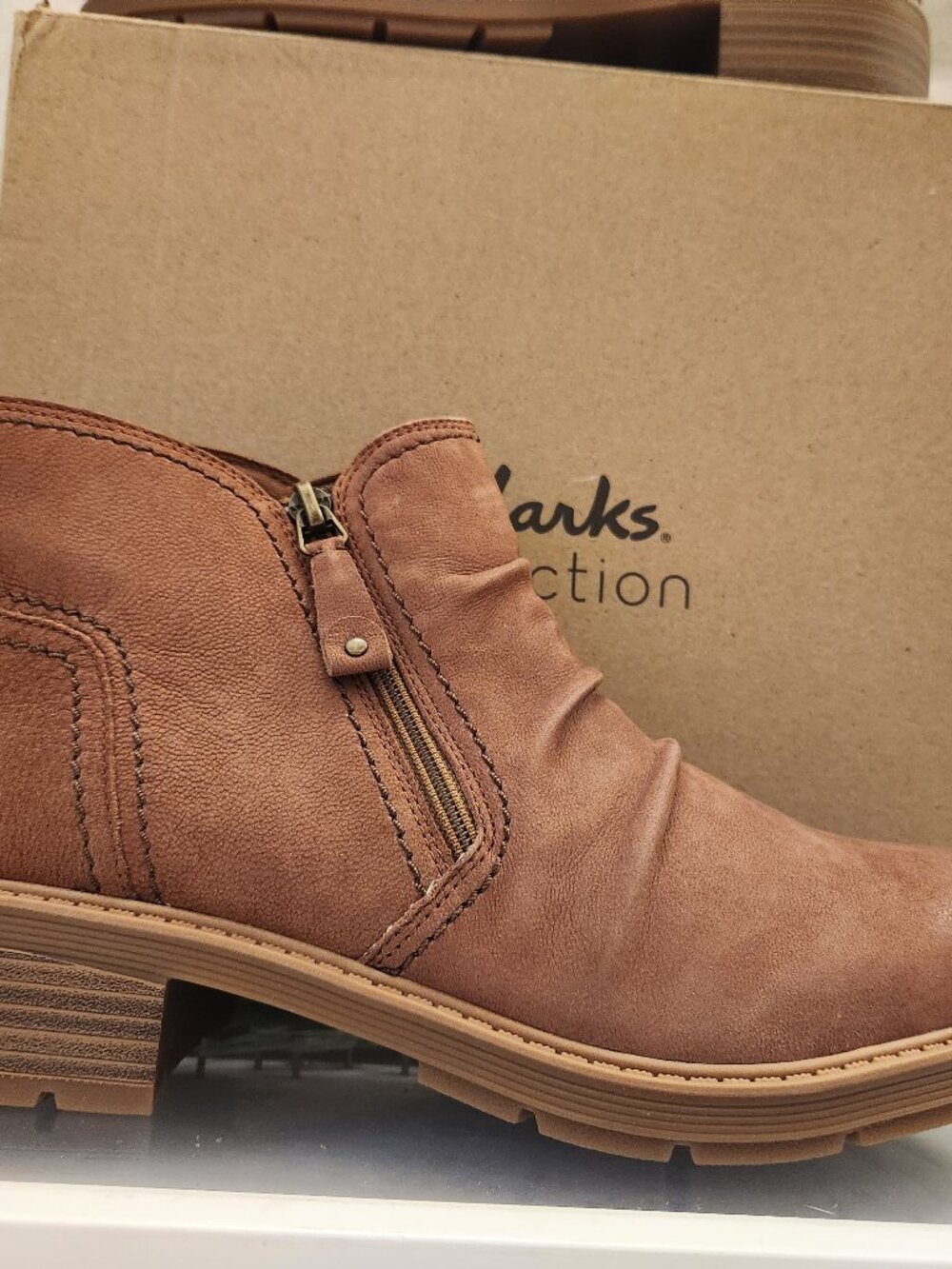 Clarks Women’s Tan Leather Ankle Bootie with Zip